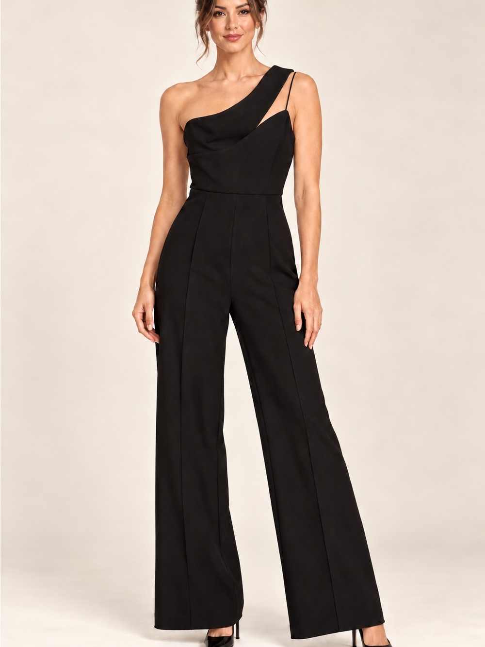 Angels One-Shoulder Black Wide-Leg Jumpsuit